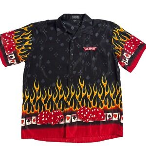FERUGINI Mens XXL Black Las Vegas Flames Dice Playing Cards Button Up Shirt